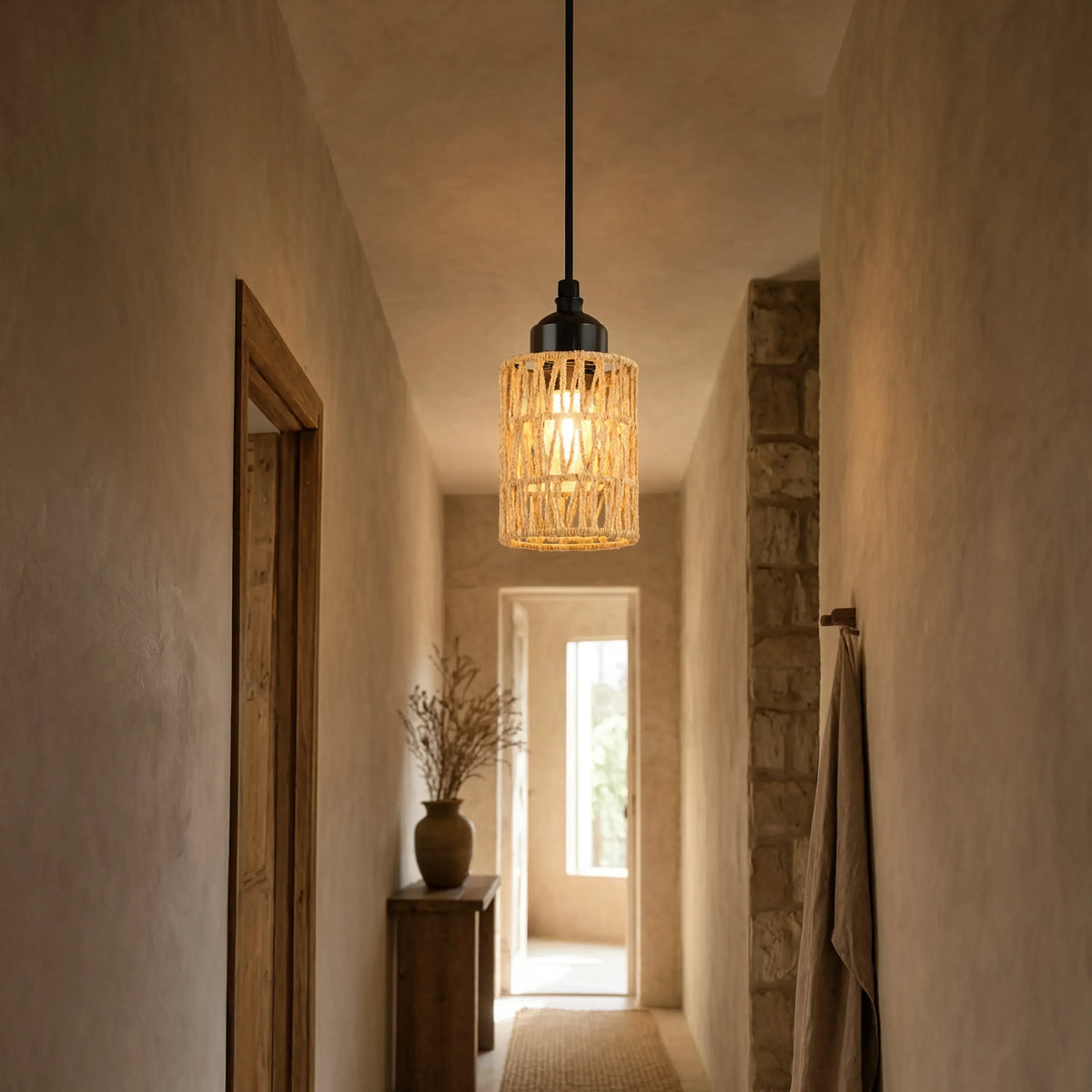 Tinos small jute rope pendant light – shown in a hallway