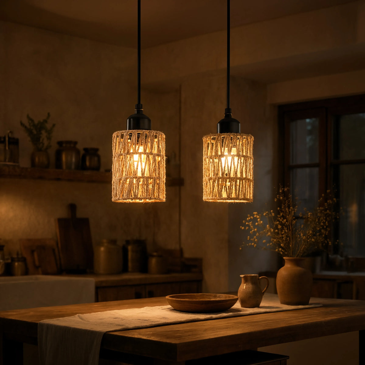 Tinos small jute rope pendant light – shown in a kitchen