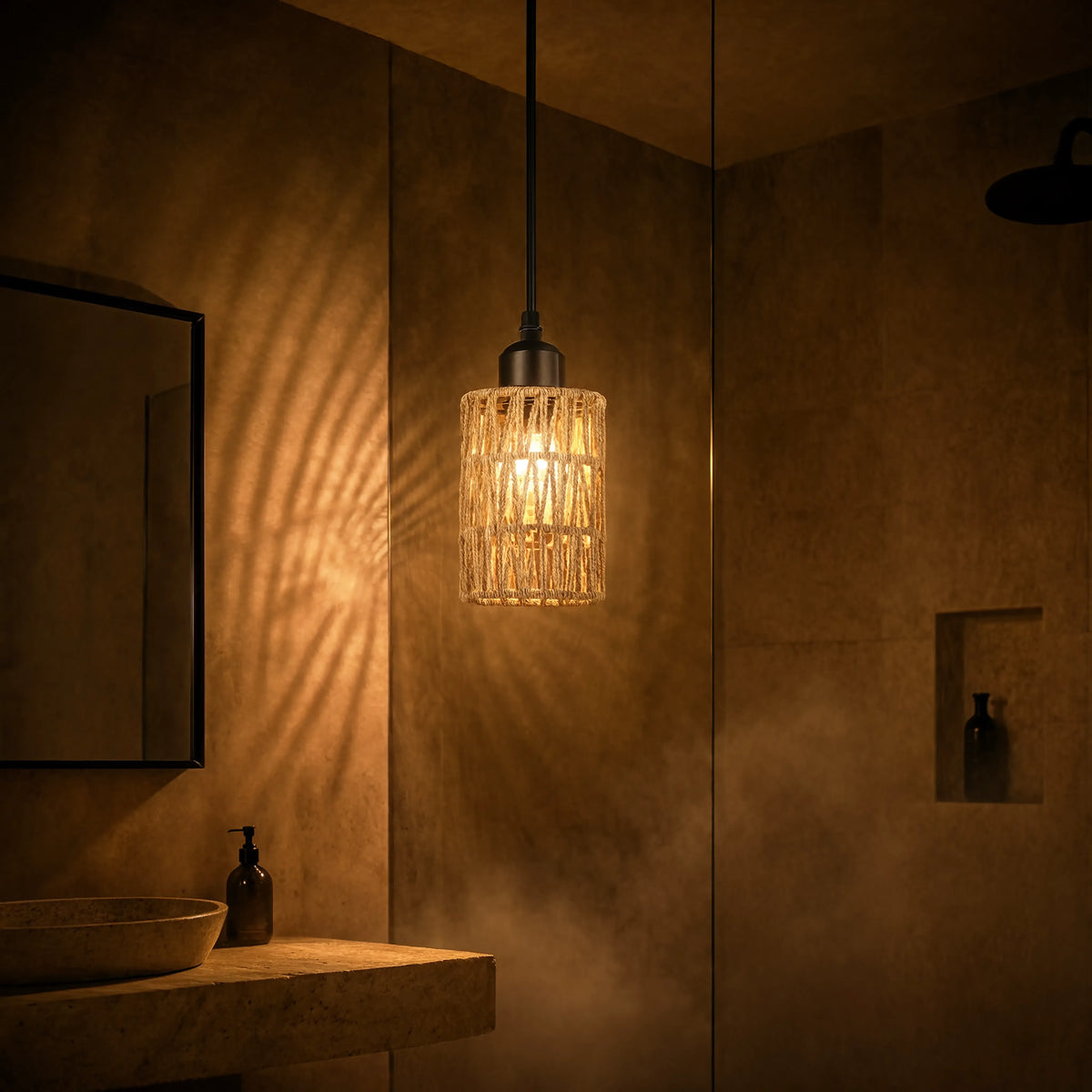 Tinos small jute rope pendant light – shown in a bathroom