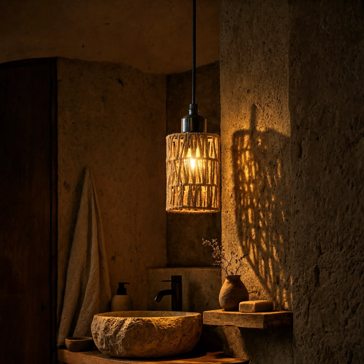 Tinos small jute rope pendant light – shown in a bathroom (2)