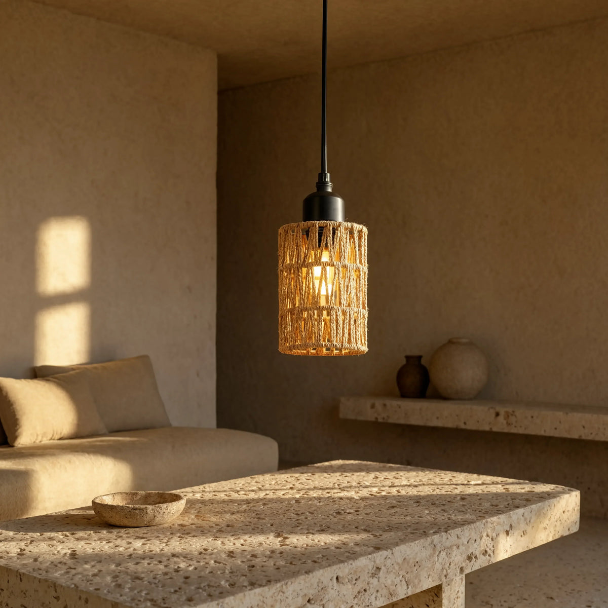 Tinos small jute rope pendant light – shown in a living room