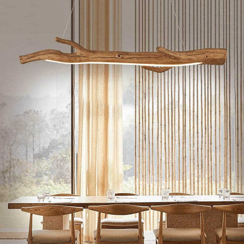 Driftwood-look resin LED pendant light – shown in a room setting (2)