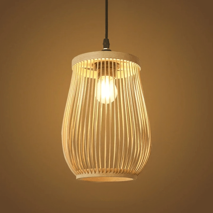 Flared Asian-style woven bamboo pendant light – shown lit