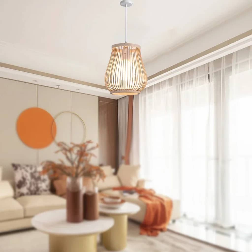 Flared Asian-style woven bamboo pendant light – shown in a room setting
