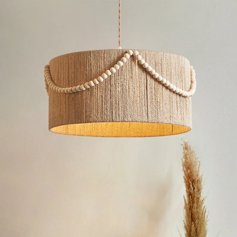 Retro rattan-look pendant light with wood beads