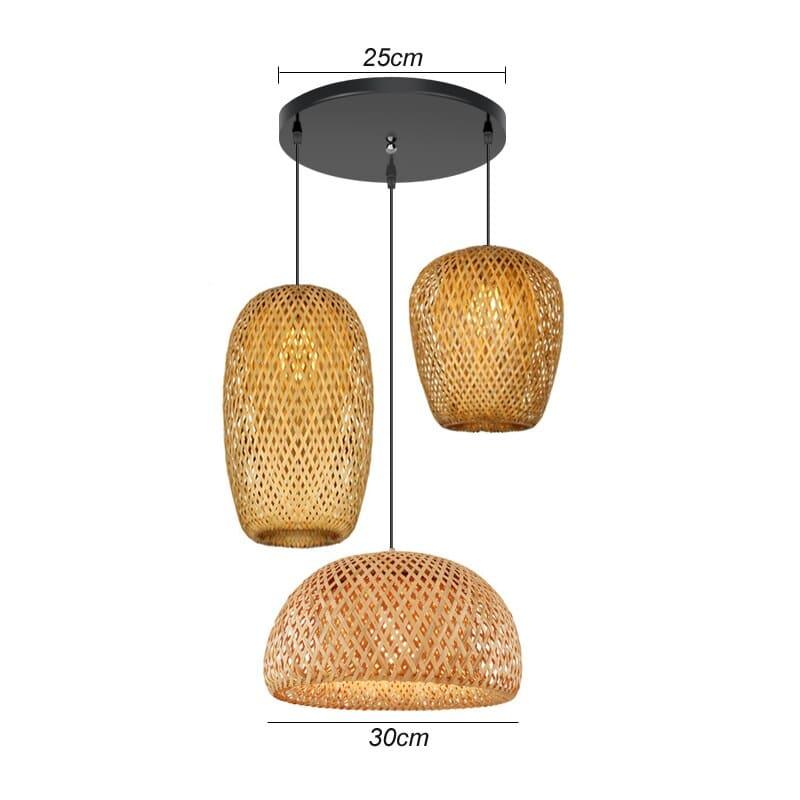 Three-shade handwoven rattan pendant light – another view