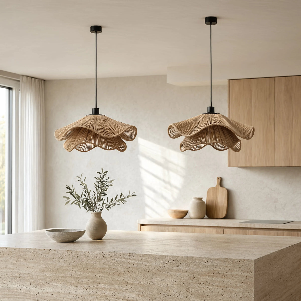 Naxos double jute rope pendant light – shown in a kitchen