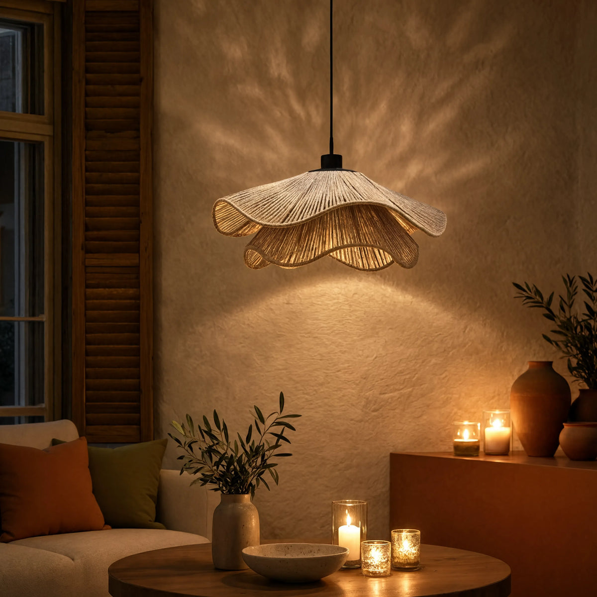 Naxos double jute rope pendant light – shown in a living room