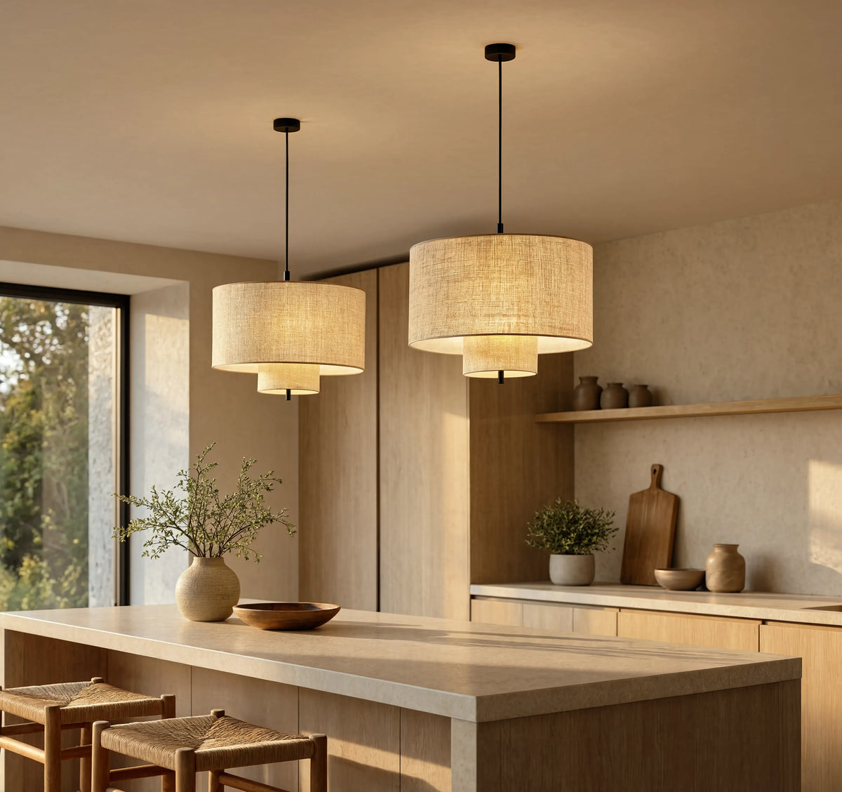 Positano double drum beige fabric pendant light – shown in a kitchen