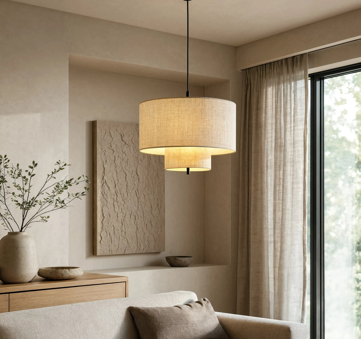 Positano double drum beige fabric pendant light – shown in a living room