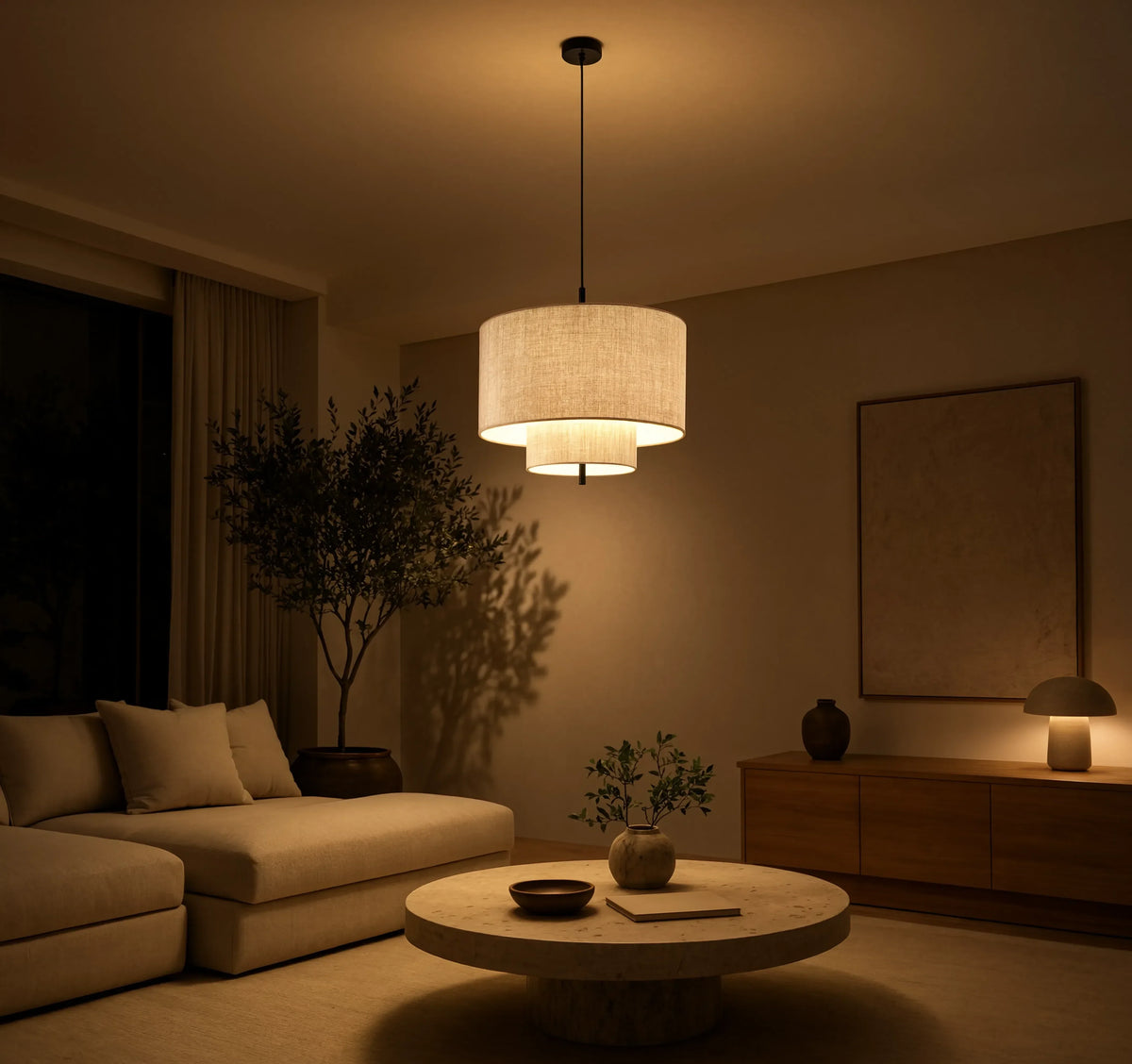 Positano double drum beige fabric pendant light – shown in a living room (2)