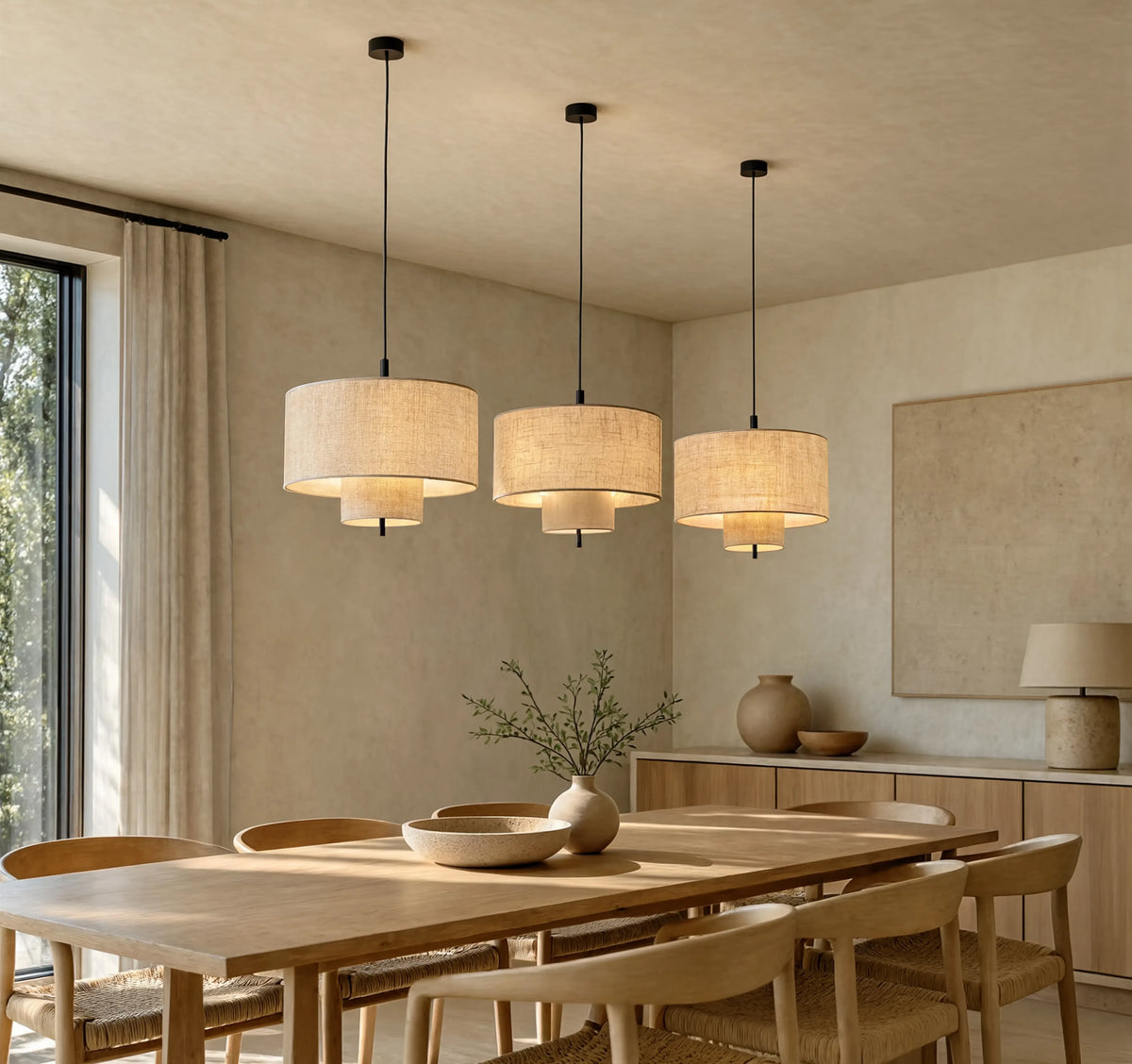 Positano double drum beige fabric pendant light – shown in a dining room