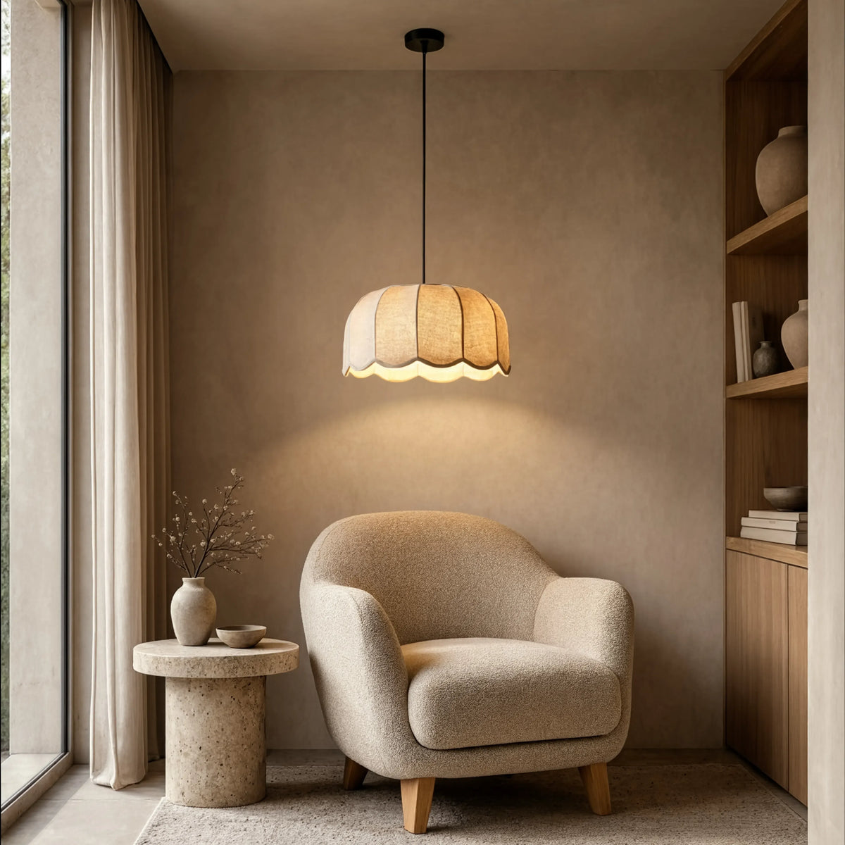 Ischia scalloped ecru fabric pendant light – shown in a room setting