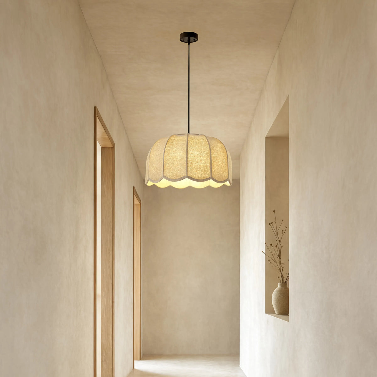 Ischia scalloped ecru fabric pendant light – shown in a hallway