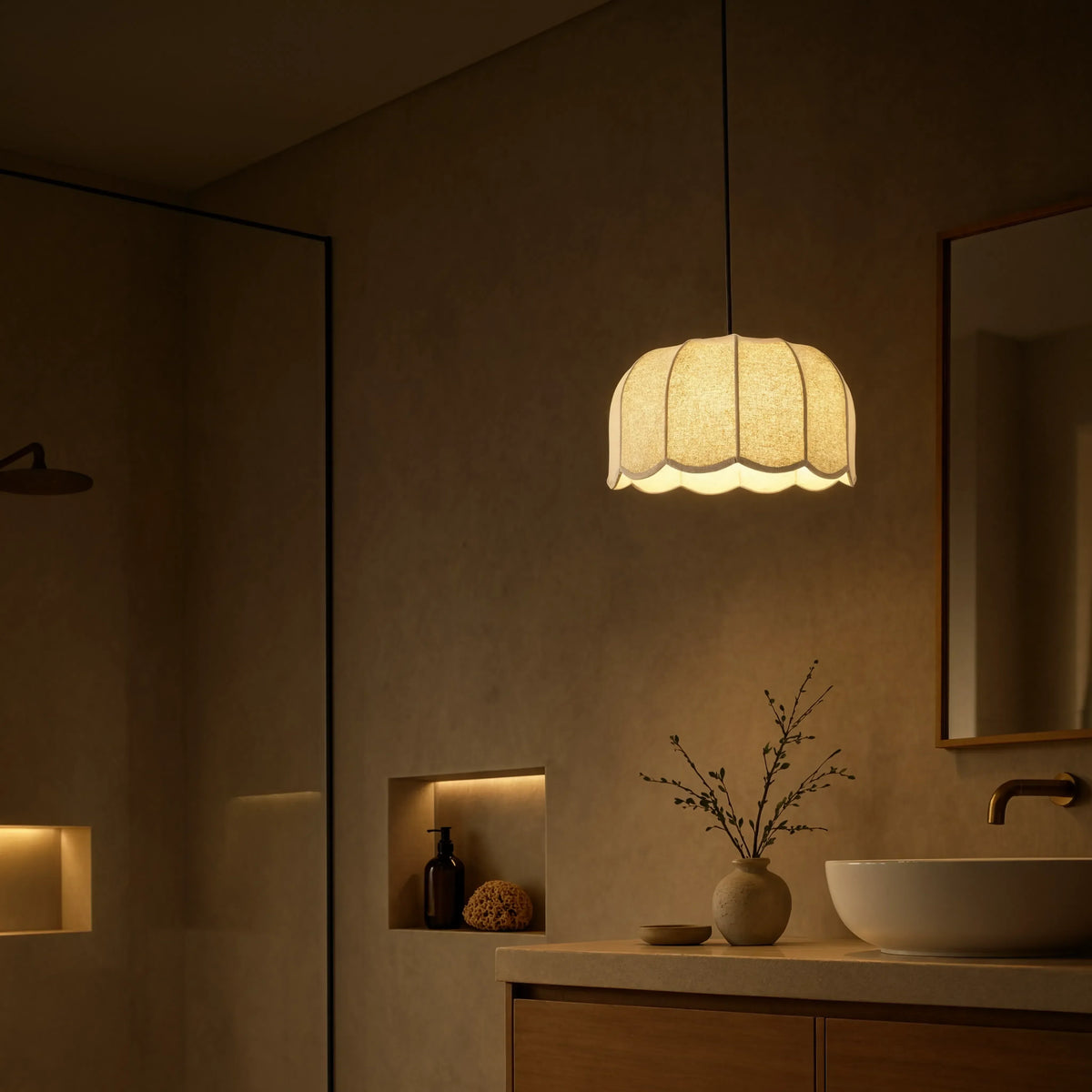 Ischia scalloped ecru fabric pendant light – shown in a bathroom