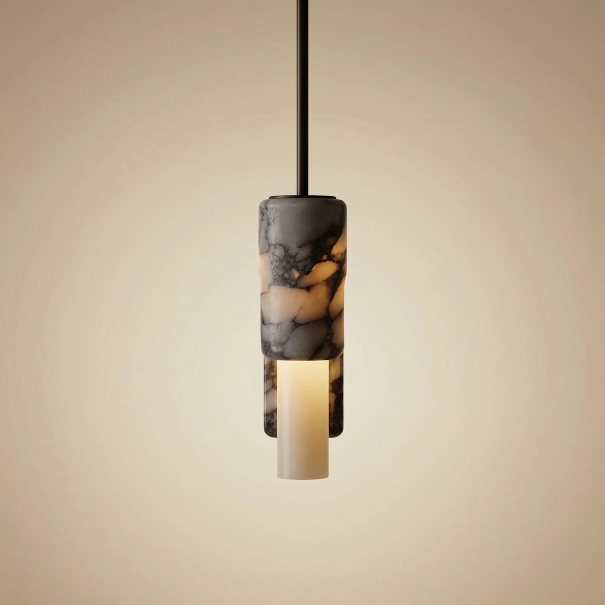 Syracuse marble column pendant light – close-up detail, lit