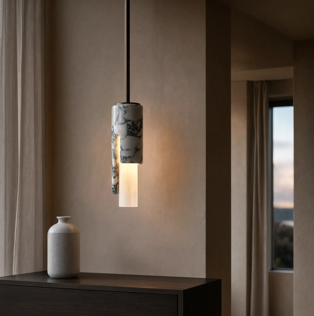 Syracuse marble column pendant light – shown in a room setting (2)