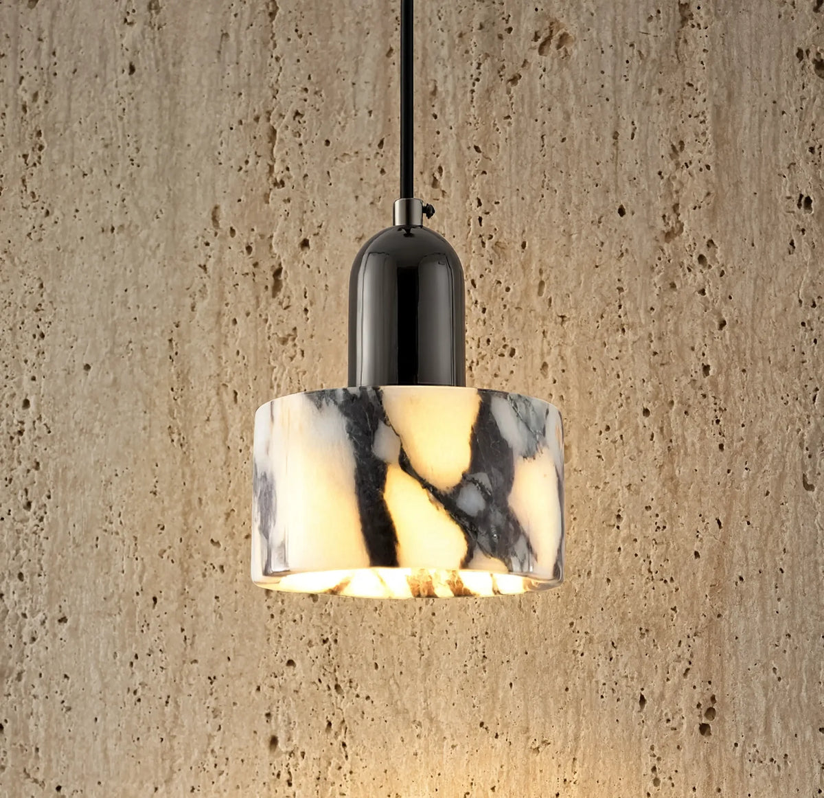 Crotone white marble drum pendant light – shown in a room setting (2)