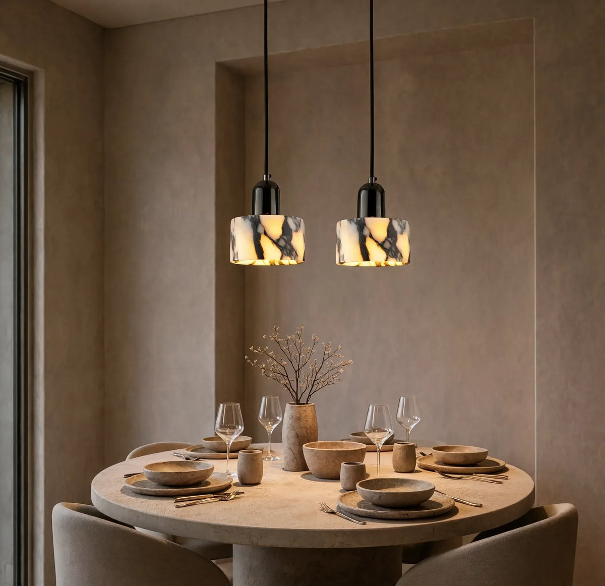 Crotone white marble drum pendant light – shown in a dining room