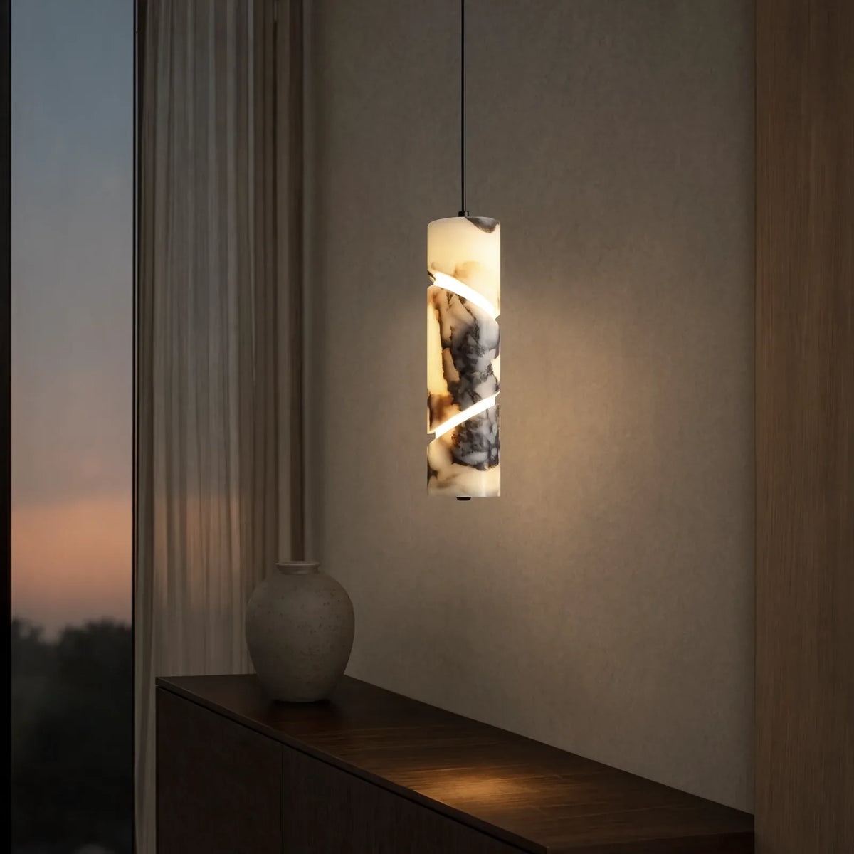 Solonte plum-veined marble cylinder pendant light – shown in a room setting (2)