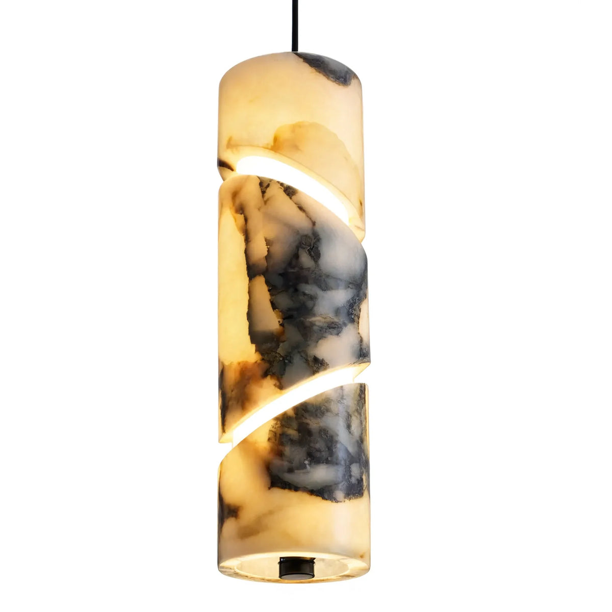 Solonte plum-veined marble cylinder pendant light – shown lit