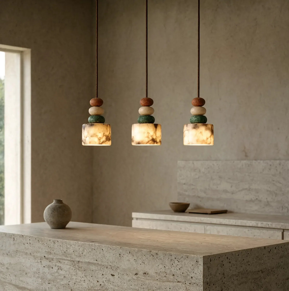 Agrigente stacked stone and marble pendant light – shown lit in a kitchen