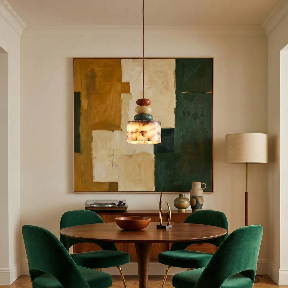 Agrigente stacked stone and marble pendant light – shown in a dining room
