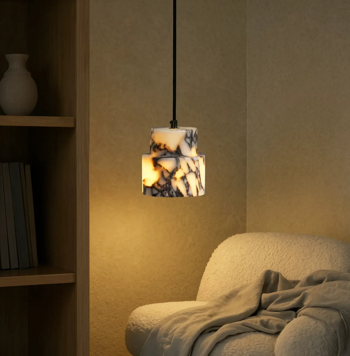 Héraclée two-tier white marble pendant light – shown in a room setting (2)