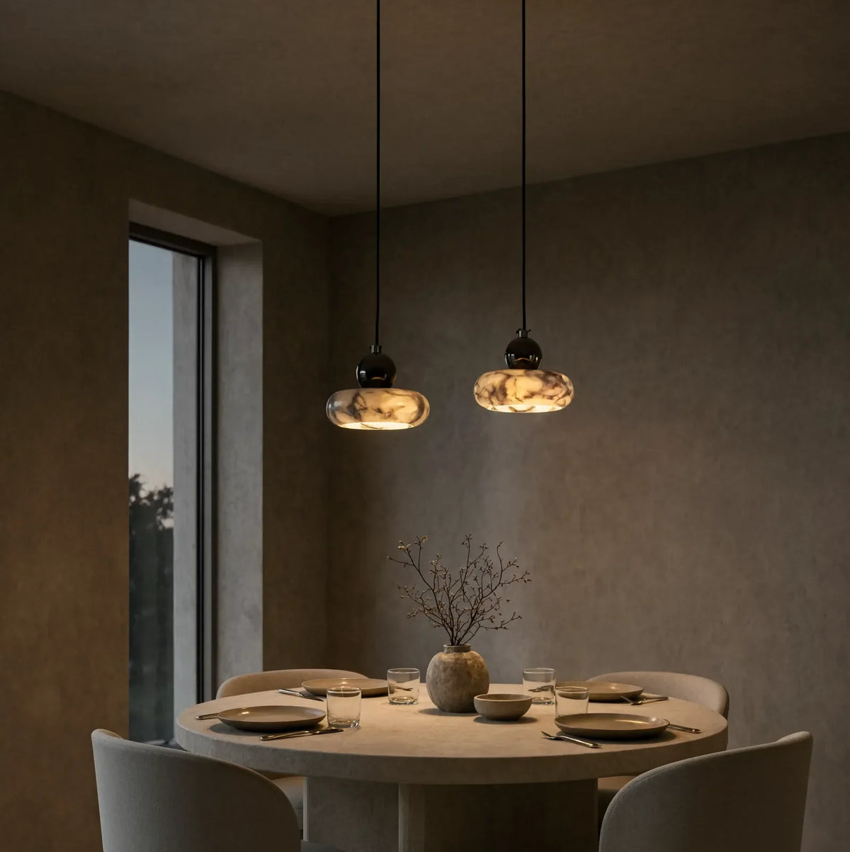 Métaponte marble pebble pendant light – shown in a dining room (2)