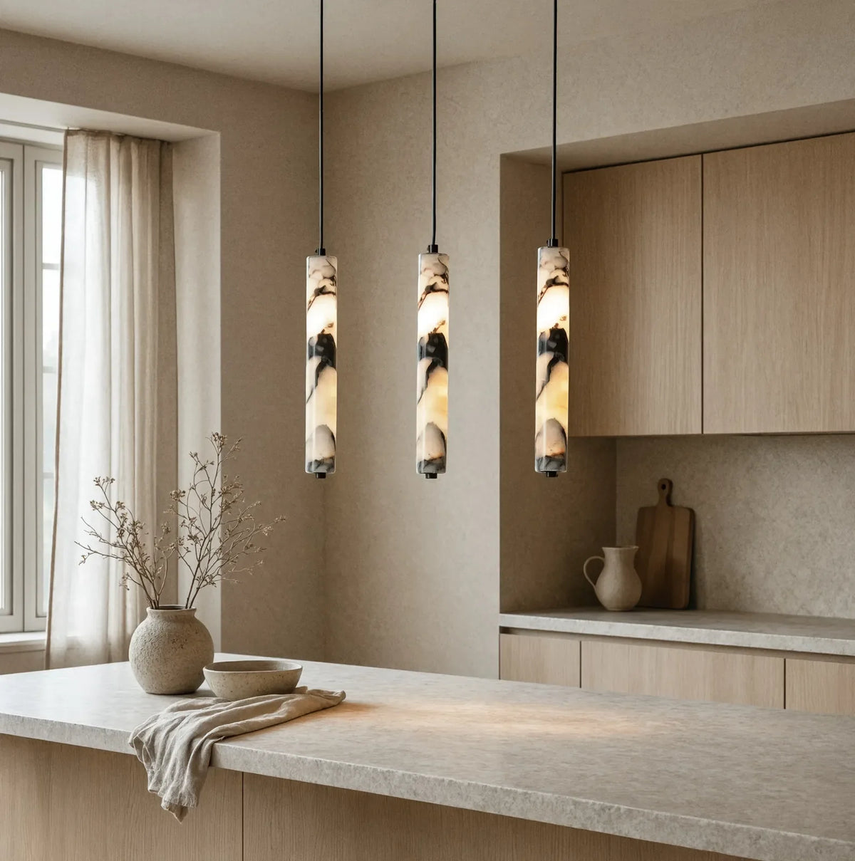 Sélinonte slim marble tube pendant light – shown in a kitchen