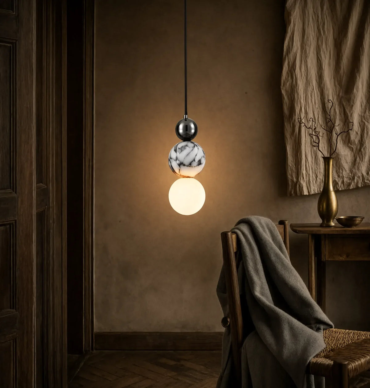 Locres marble and opal glass globe pendant light – shown in an entryway