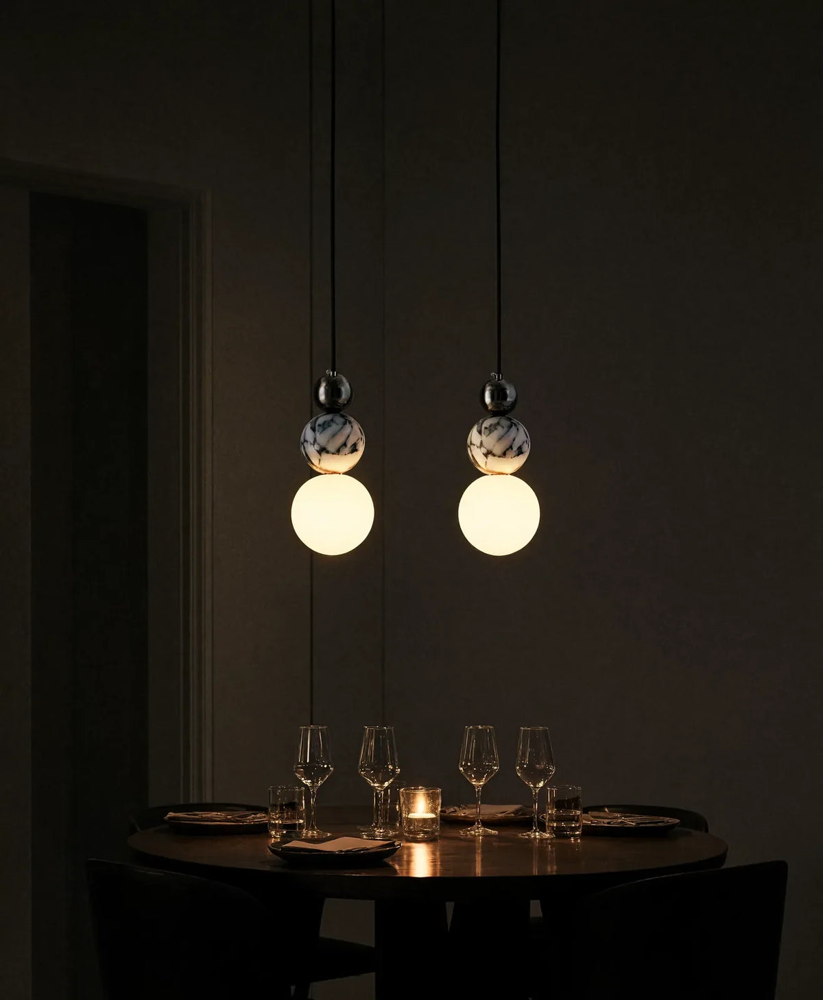 Locres marble and opal glass globe pendant light – shown in a dining room