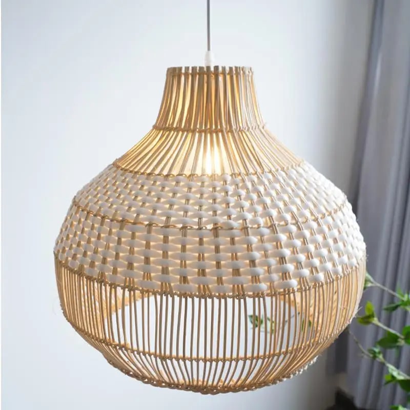 Modern rounded handwoven wicker pendant light – white variant, another view