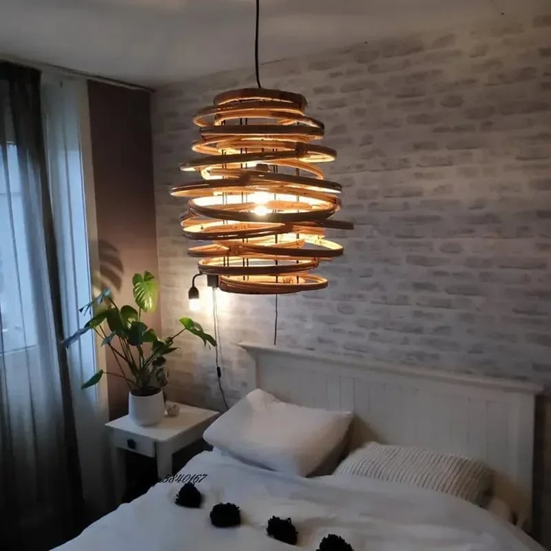 Japanese-style handwoven natural wicker pendant light – shown lit in a room setting