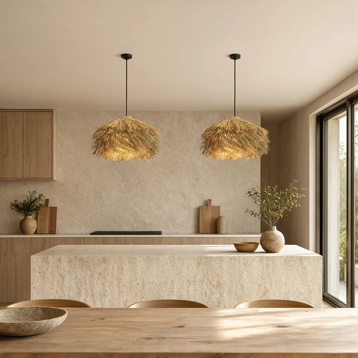 Chios thatched rattan fringe pendant light – shown in a kitchen