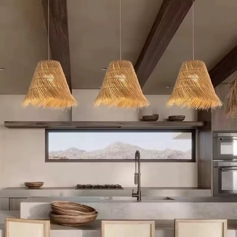Modern straw pendant light with woven arches radiating around the diffuser – shown in a room setting