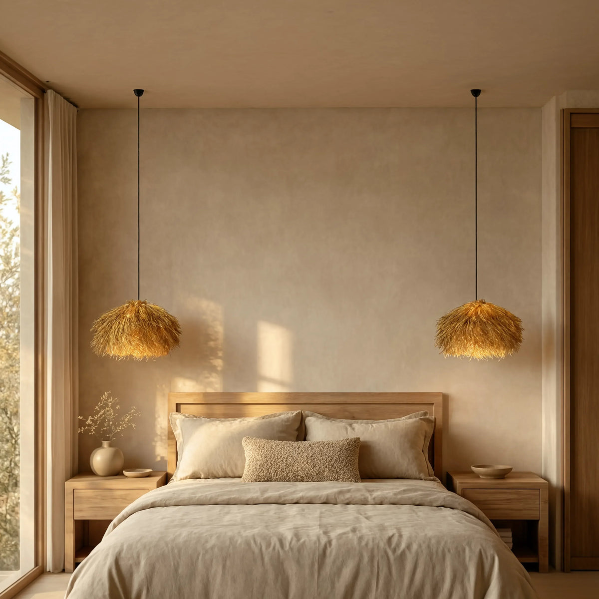 Chios thatched rattan fringe pendant light – shown in a bedroom