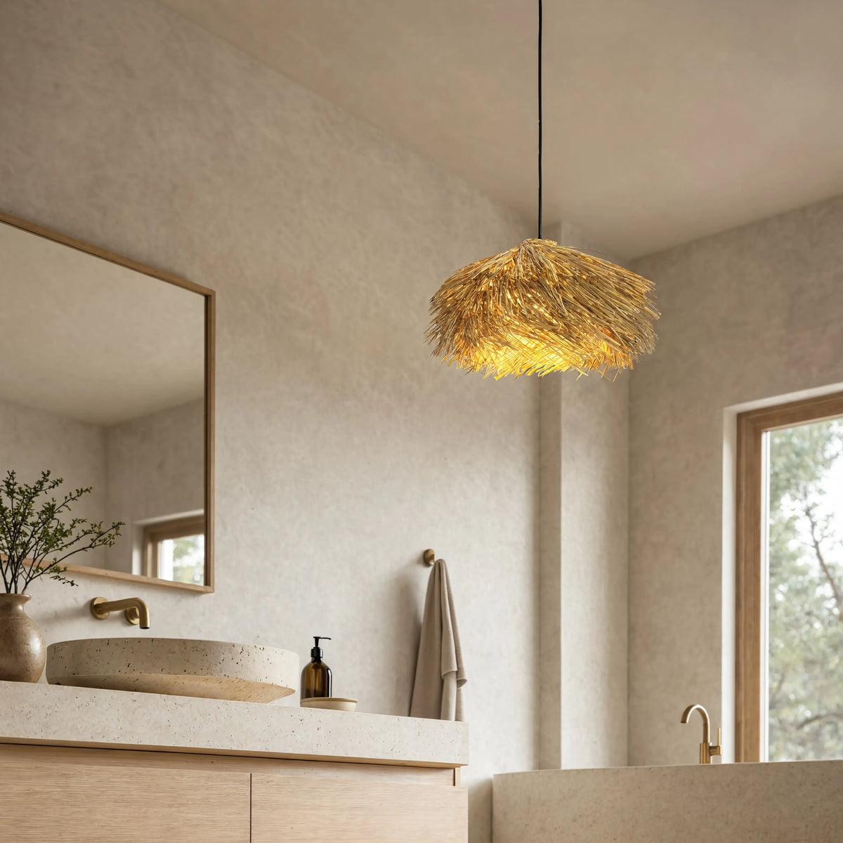 Chios thatched rattan fringe pendant light – shown in a bathroom