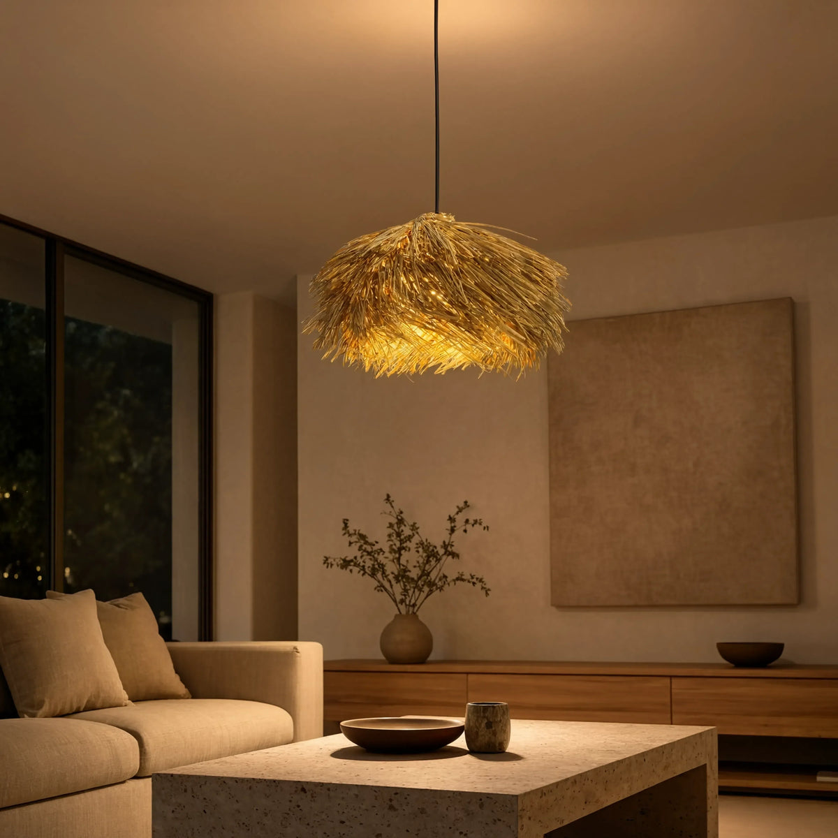Chios thatched rattan fringe pendant light – shown in a living room