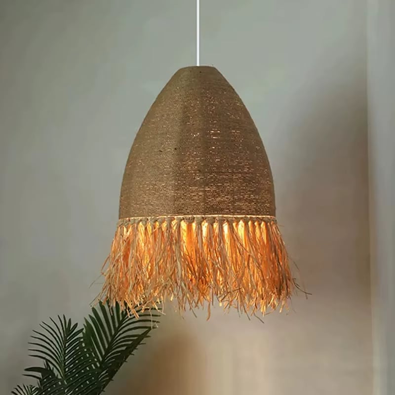 Retro round woven pendant light in beige and brown tones – shown in a room setting (2)
