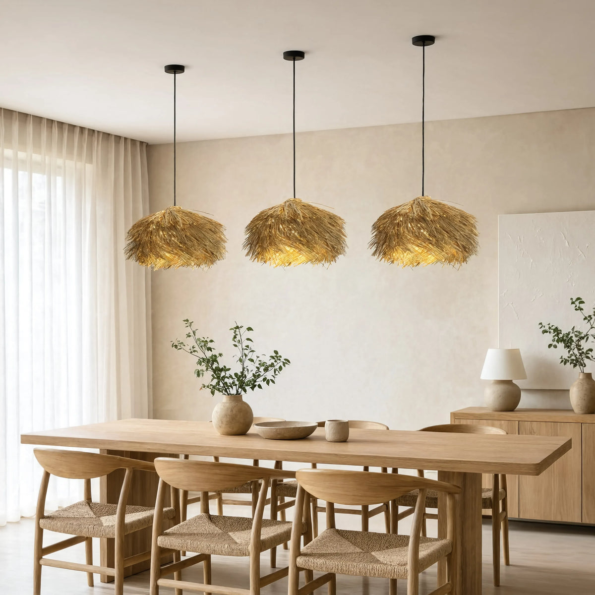 Chios thatched rattan fringe pendant light – shown in a dining room