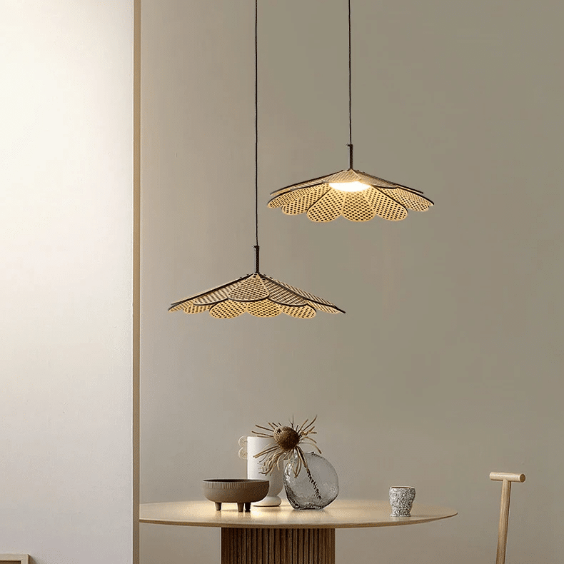 Korean-style beige handwoven rattan petal LED pendant light – shown in a room setting (3)