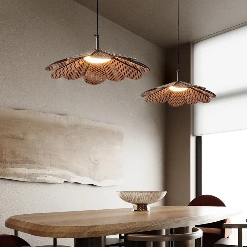 Korean-style light wood petal LED pendant light around a metal ring – shown in a room setting (2)