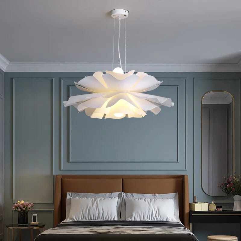 Nordic acrylic petal pendant light with curved slats – shown in a room setting