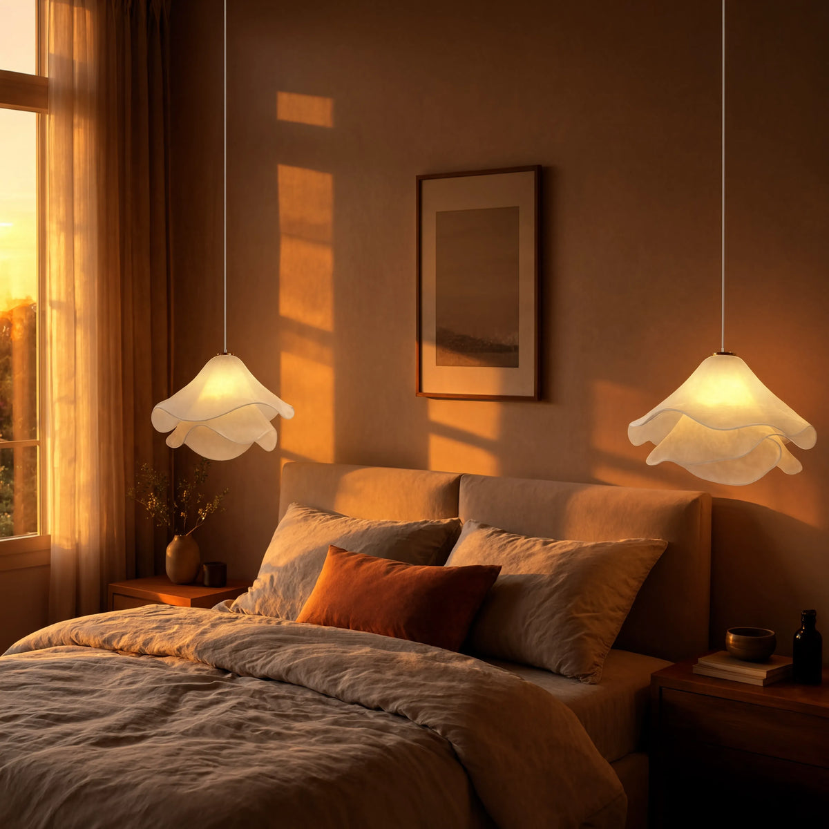 Oia white fabric petal pendant light – shown in a bedroom
