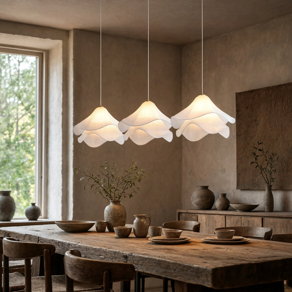 Oia white fabric petal pendant light – shown in a dining room