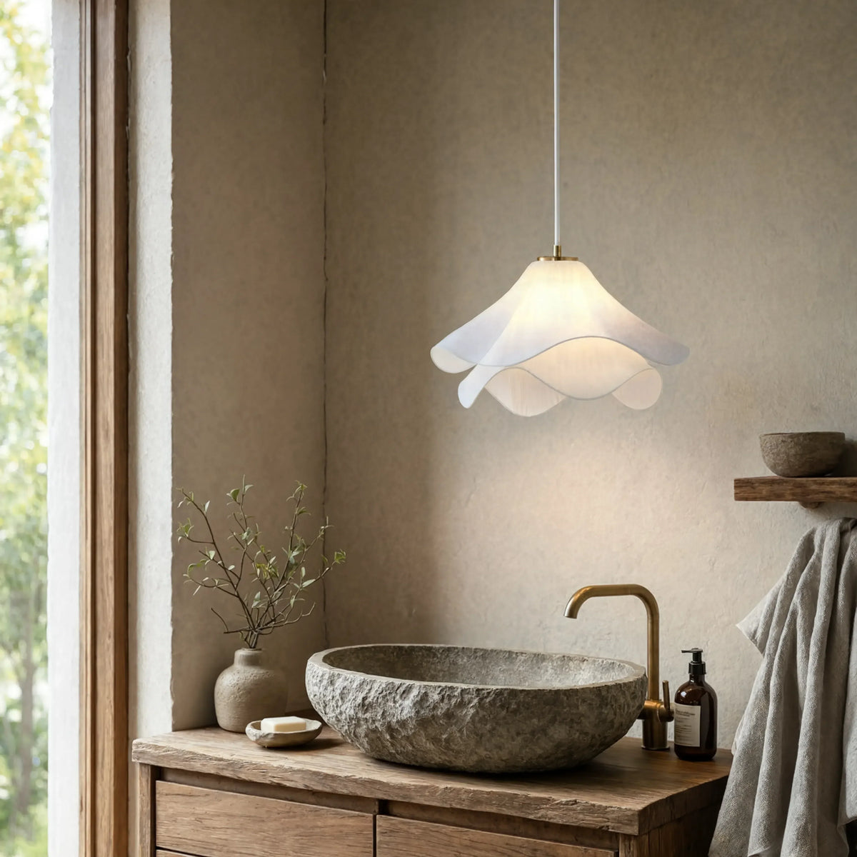 Oia white fabric petal pendant light – shown in a bathroom