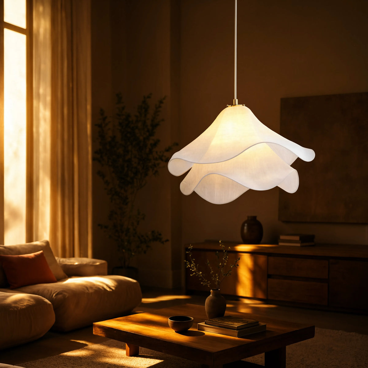 Oia white fabric petal pendant light – shown in a living room