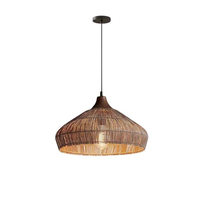Adjustable-height handwoven rattan pendant light with open mesh