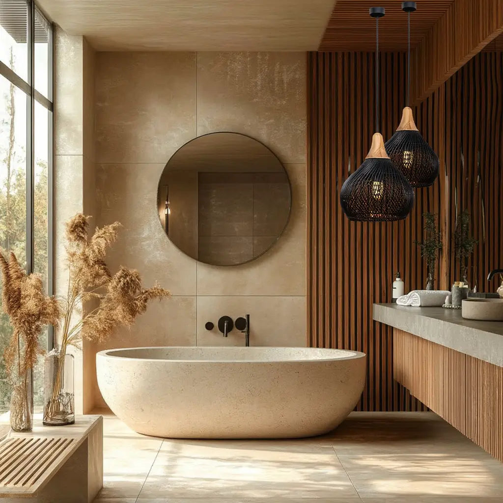 Mistral rattan teardrop pendant light – shown in a bathroom